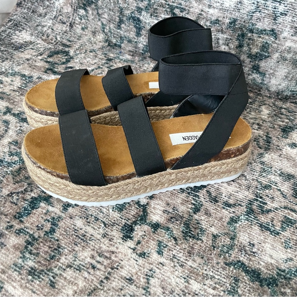 Steve Madden Kimmie Sandals Womens 8 Black Tan Strappy Espadrille Platform